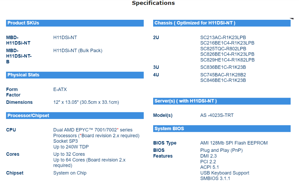Supermic H11DSi-NT Socket de c - Dual Socket Sp3 Epyc Motherboard avis et prix